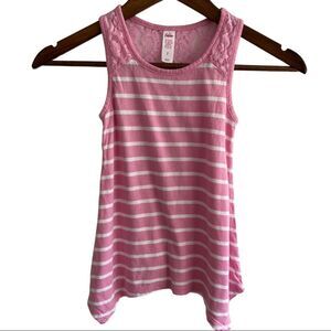 Pink + White Striped Justice Tank Top handkerchief Hem Lace Top Girls Size 7